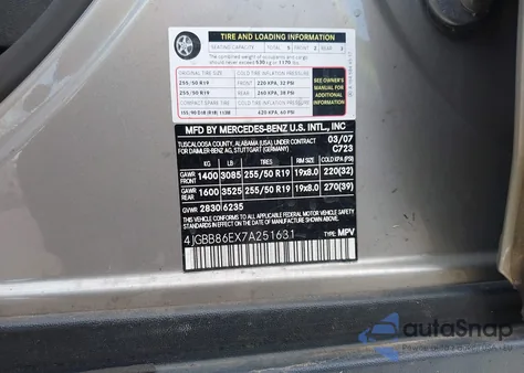 2007 Mercedes-Benz Ml 350 4Matic из США, поврежденный, VIN 4JGBB86EX7A251631